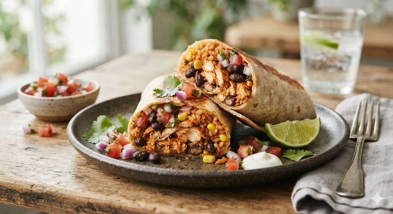 Chicken Burrito: Baked chicken, black beans, and pico. 54g protein, 90g carb, 10g fat, 627 cal.