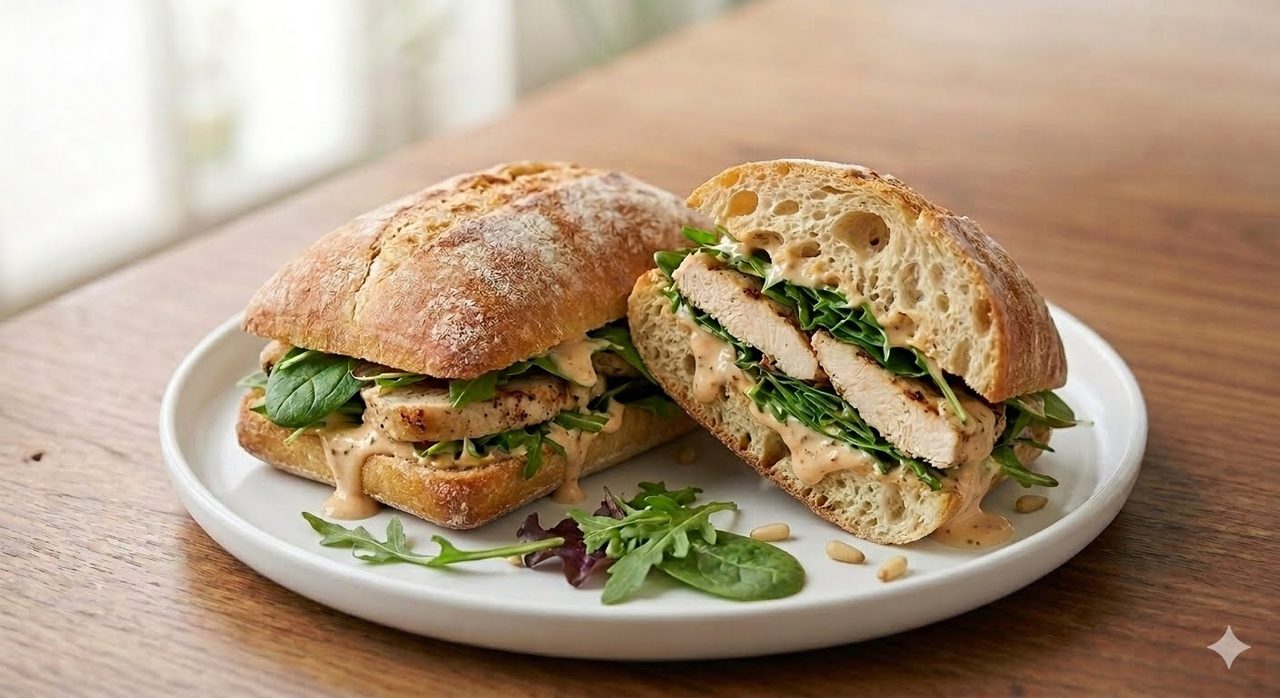 Chicken Sandwich: Ciabatta bread, baked chicken, greens, and island sauce.