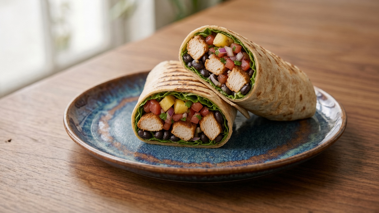 Chicken Wrap: Lettuce, baked chicken, black beans, and pico. 54g protein, 90g carb, 10g fat, 627 cal.