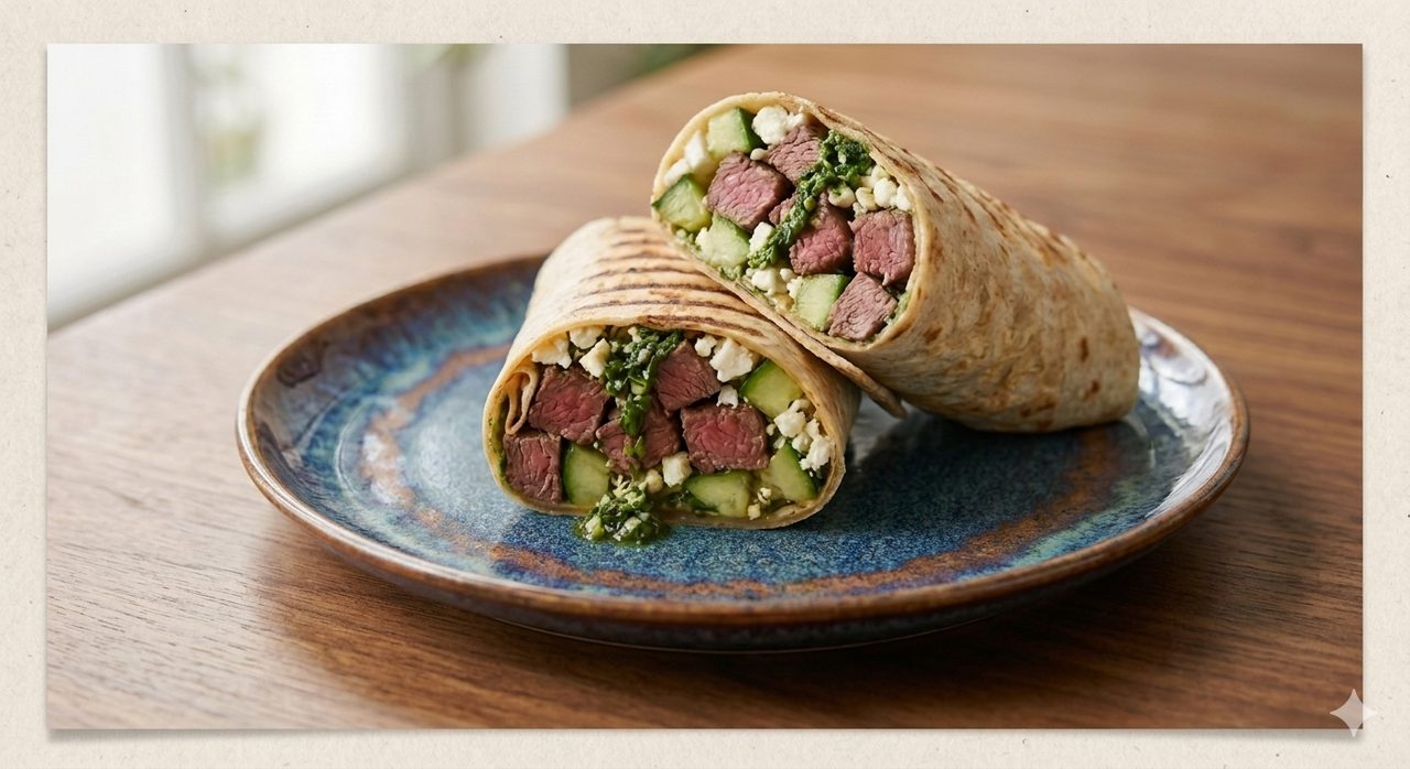 Greek Steak Wrap: Braised steak, marinated cucumber, feta cheese, and chimichurri sauce. 54g protein, 62g carb, 20g fat, 572 cal.