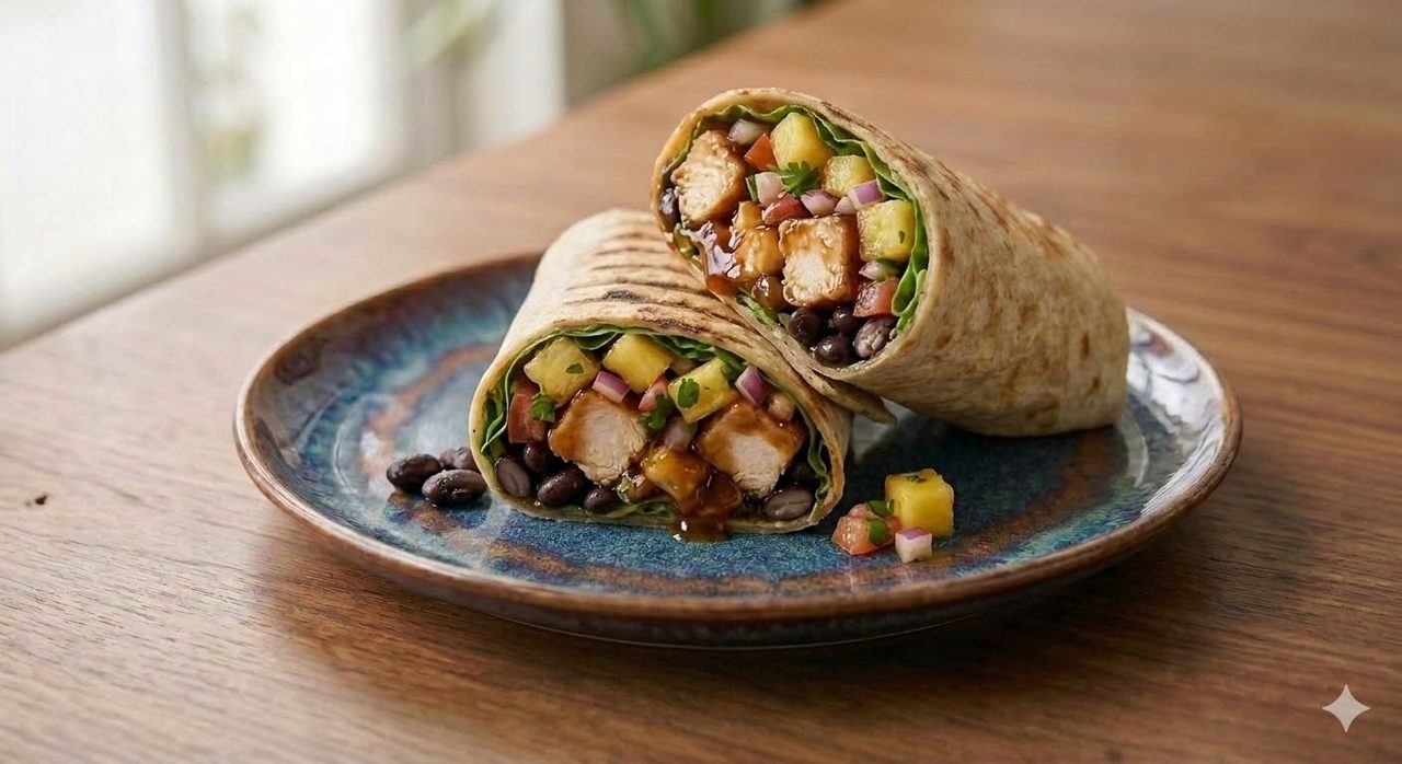 Honey Barbecue Wrap: Baked honey BBQ chicken, pineapple pico, and black beans.