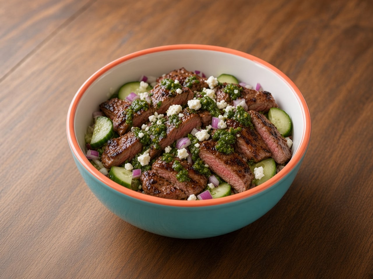 Kids Greek Steak Bowl: USDA Choice broiled top sirloin, marinated cucumbers, red onions, feta cheese, and chimichurri sauce. 37g protein, 62g carb, 20g fat, 572 cal.