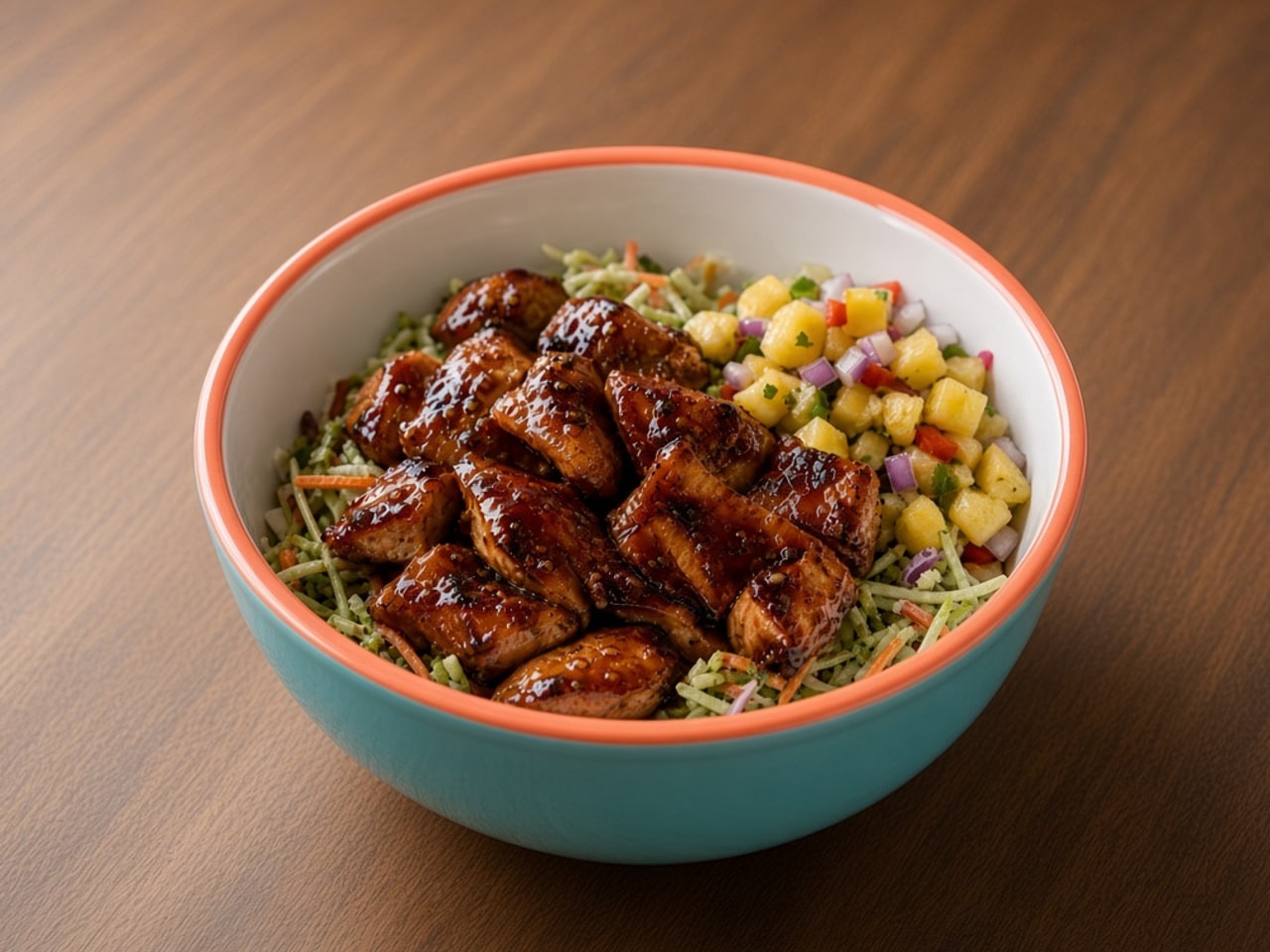 Kids Honey Barbecue Chicken Bowl: Honey BBQ baked chicken, broccoli slaw, and pineapple pico. 45g protein, 93g carb, 20g fat, 692 cal.