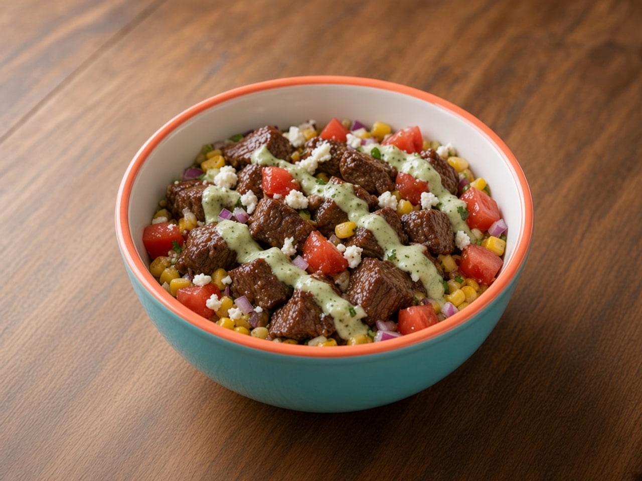 Kids Southwest Beef Bowl: Braised beef, roasted corn, cotija cheese, red onions, cucumber sauce, and marinated tomatoes. 43g protein, 65g carb, 22g fat, 629 cal.
