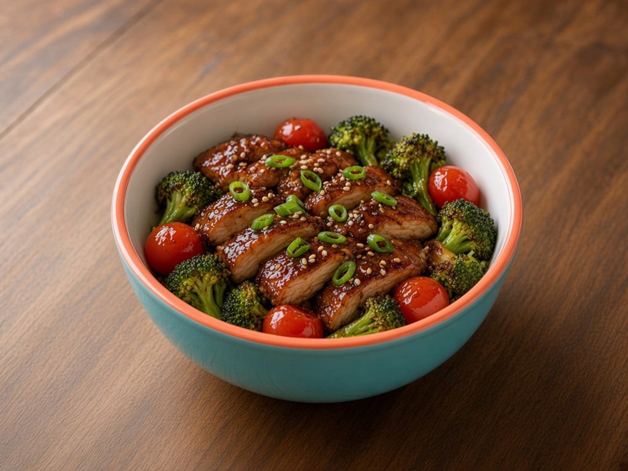 Kids Teriyaki Chicken Bowl: Baked teriyaki chicken, roasted broccoli, and marinated cherry tomatoes. 48g protein, 84g carb, 10g fat, 619 cal.