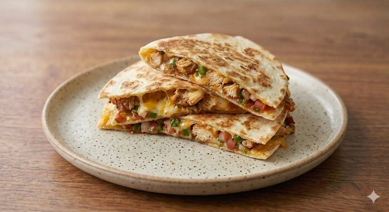 Quesadilla: Protein, cheese, pico, and tropical sauce.