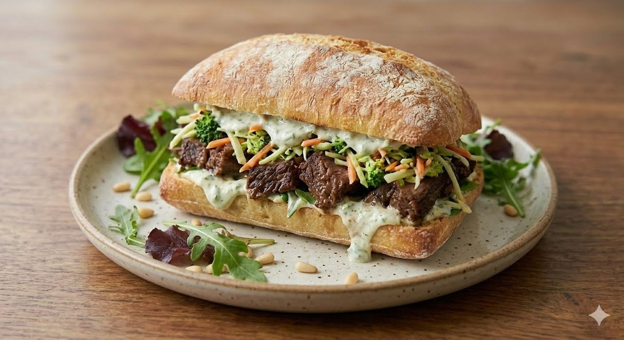 Steak Sandwich: Ciabatta bread, braised steak, broccoli slaw, and cucumber sauce.